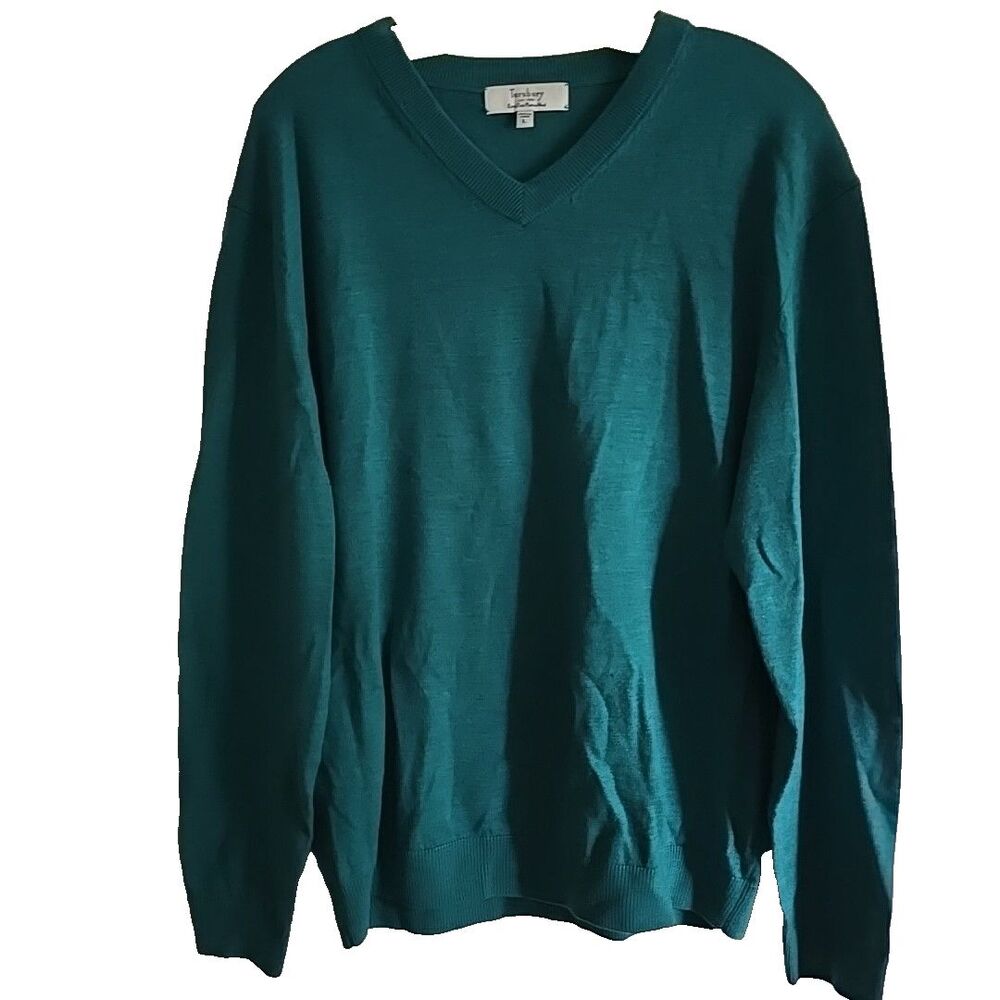 Turnbury Extra Fine Merino Wool Sweater Large Green Men's V-neck